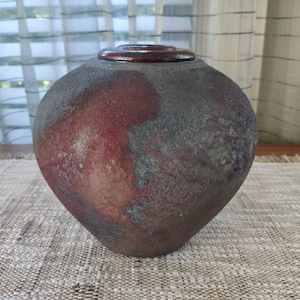 Bulbous Raku Metallic Iridescent Vase, Vintage Studio Art Pottery Round Bulb Pot, Signed 6.5&quot;