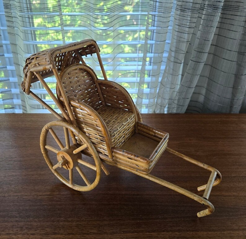 Bamboo Rattan Rickshaw Vintage Plant Pot Planter Stand Display 13.5