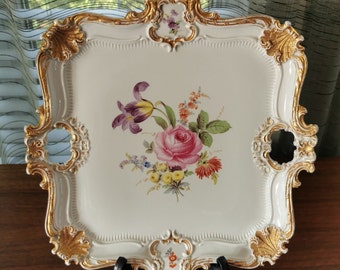 Antique Meissen Gilt Porcelain Floral Tea Tray, Vintage Hand Painted Dresden Flowers Square Platter 15.75&quot; signed