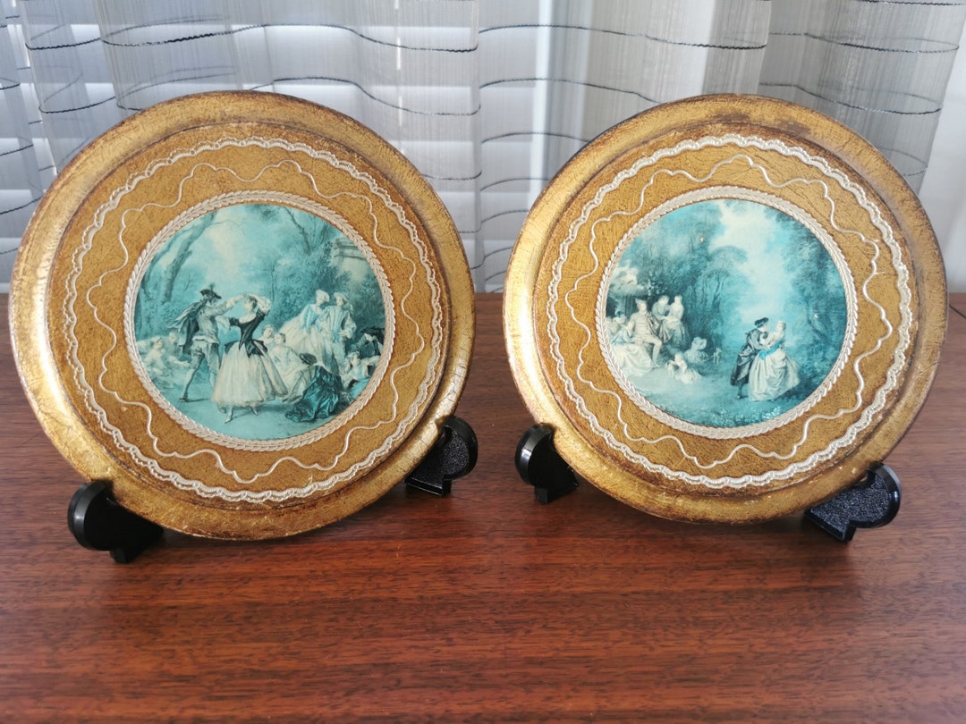 Italian Florentine Print Plaques Set of 2 Gesso Gilt on Wood Vintage ...