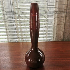 Scandinavian Style Art Glass Vase Hand Blown Vintage Large Modernist Bud Vase, Brown Figural Hourglass Shape 15&quot;
