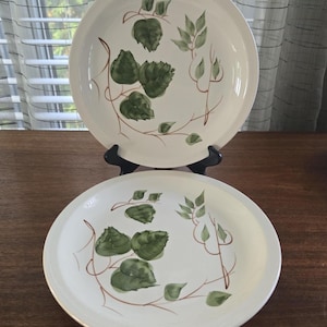 Puede incluir: Dos platos de cena de cerámica blanca con un diseño de hojas verdes. Los platos tienen un borde marrón y un fondo blanco.