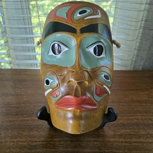 Tlingit Haida Cast Mask Vintage Indigenous Hand Painted Relief Wall Hanging, 10"