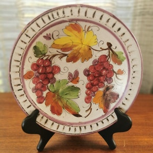 Italian Hand Painted Dish Signed 10.25" Relief Matte Ceramic Vintage Grapes and Leaves Decorative Bowl Dish, made in Italy