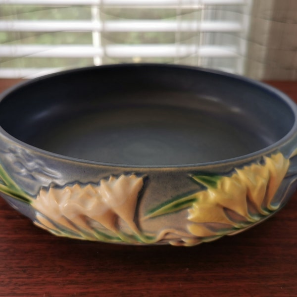 Roseville USA Blue Freesia Bowl #465-8", Vintage Relief Pottery Double Handles Decorative Bowl 11"