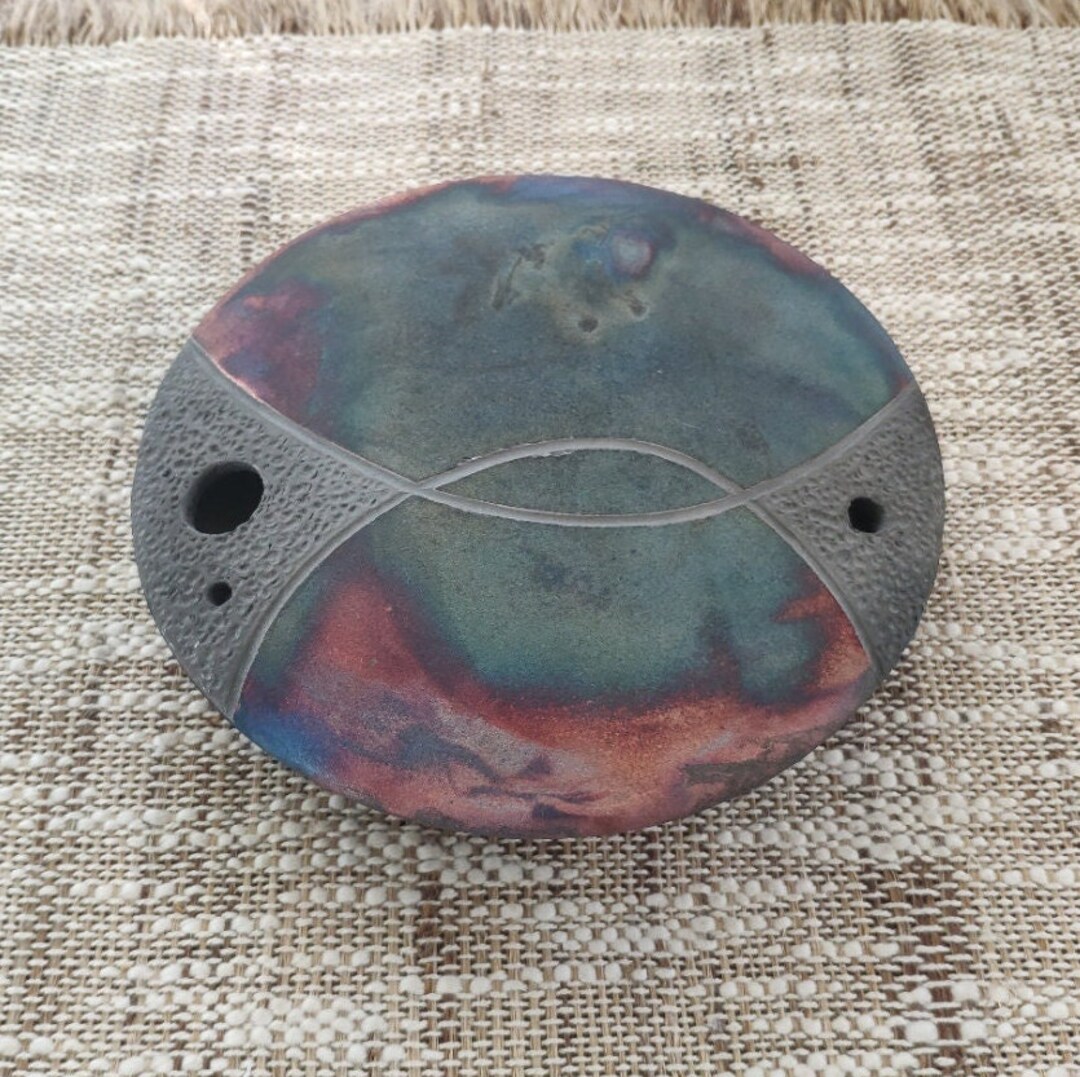 Raku Ikebana Disc Vase Iridescent Studio Art Pottery Vintage Etsy