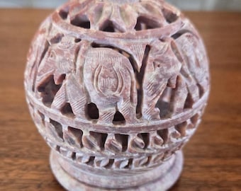 Soapstone Sphere Tealight Incense Holder, Vintage Hand Carved Cutout Etched Elephants Steatite Censer Candleholder 3.5"