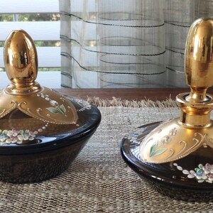 Gold Gilded Hand Painted Art Glass Vanity Set of 2 Enameled Flowers Vintage Glass Perfume Bottle and Powder Jar, 4.75&quot; and 5.25&quot;