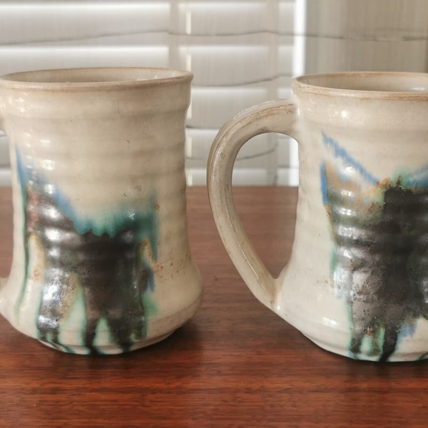 Studio Art Pottery Mugs Set of 2, Vintage Coffee Tea Mugs, Hand Thrown Drip Glaze, Signed Gagnon, 4.5"