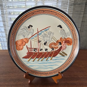 Antikes Griechenland Ulysses und Sirenen Keramikplatte, 10 "Handgemachte Vintage handbemalte reliefierte geprägte Odyssee Odysseus Sea Epic Tale Dish