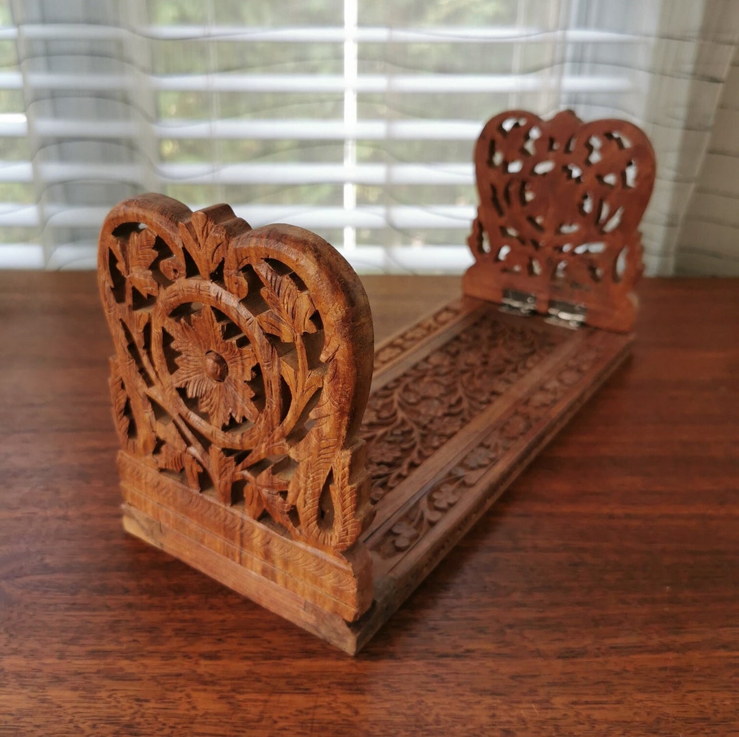 Wooden Expandable Floral Cutout Bookends, Vintage Hand Carved Sliding