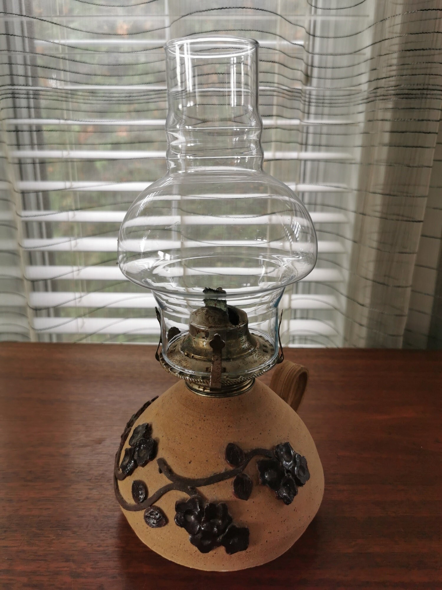 Studio Art Pottery Oil Lamp, Vintage Ceramic Chamber Oil Lamp with Applied Raised Florals, Signed de Tilly 11.5"