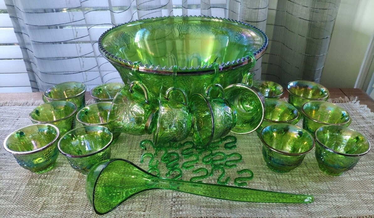 Carnival Glass Green Iridescent Vintage Punch Bowl Set With 16 Cups, Ladle  and Hooks 12 -  India