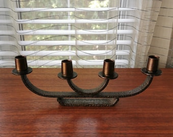 Hammered Wrought Iron Brass and Copper 4 Arm Candelabra Vintage Bronze Finish Gothic Candlestick Holder 13&quot;, signed