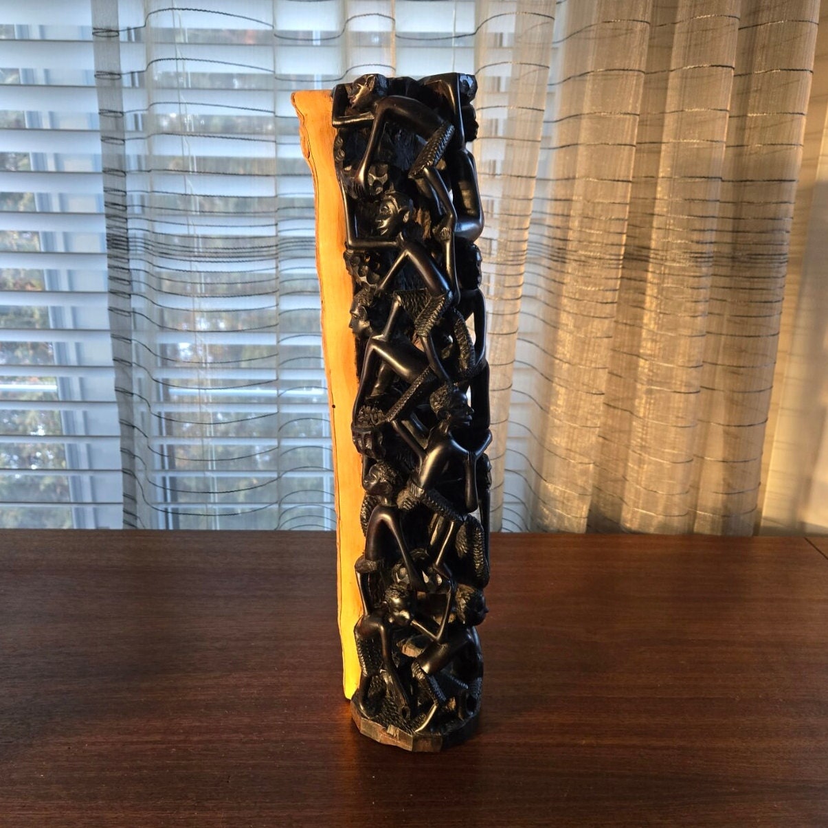 Makonde Tree of Life Sculpture, Vintage African Hand Carved Ebony Log 17.5"