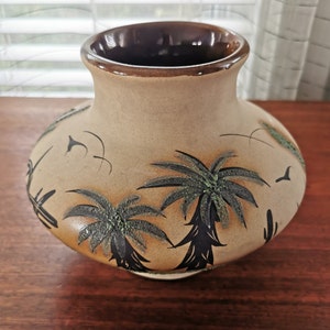 Betty Selby Southwestern Large Vase, Vintage Relief Lava Glaze Art Pottery Palm Trees Cactus Vessel 8&quot;
