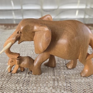 Wooden Hand Carved Elephant and Calf, Vintage Engraved Wood Elephant and Baby Sculpture 6.25&quot;