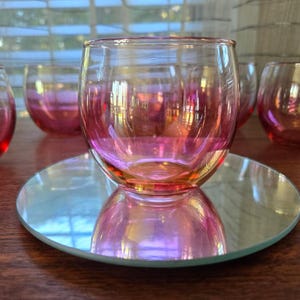 Luminescent Pink Melon Roly Poly Glasses Set of 4, Vintage Iridescent Color Fade Whisky Cocktail Tumblers 3.25"