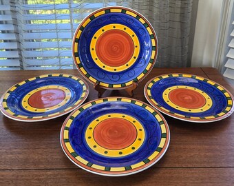 Ensemble de 4 assiettes Panama Living Art, grandes assiettes plates vintage peintes à la main 10,5 po.