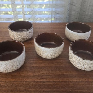 Peut inclure: Cinq petits bols ronds en céramique, avec un extérieur moucheté blanc cassé et un intérieur marron foncé. Les bols sont disposés sur une surface en bois, mettant en valeur leur design simple et élégant. Parfaits pour servir des sauces ou de petites portions.