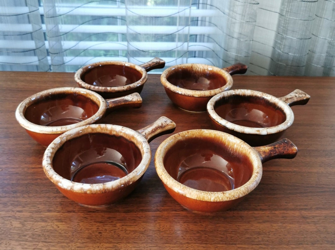 Hull Ovenproof USA Set of 6, French Onion Soup Bowls Vintage Drip Glaze