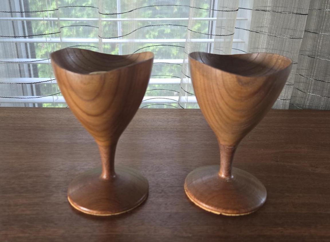 Scandinavian Style Wooden Candlesticks Set of 2, Vintage MCM Teak Wood Candle Holders 5.75"