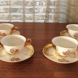Bavaria Porcelain Demitasse Cups Set of 4 Vintage Gilt Espresso Cups and Saucers with Fragonard Courting Couple Romantic Scene