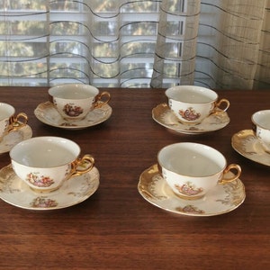Bavaria Porcelain Demitasse Cups Set of 6 Vintage Gilt Espresso Cups and Saucers with Fragonard Courting Couple Romantic Scene