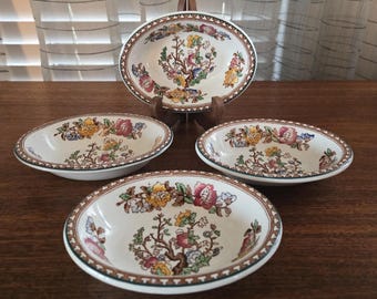 Wood and Sons England Indian Tree Oval Bowls 15 cm Set med 4 vintage vitrifierade porslinsfat, signerade