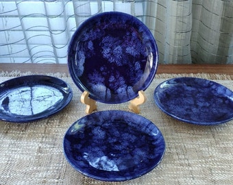 Beauce Art Pottery Plates Set of 4 Cobalt Blue Marbled Drip Glaze Vintage Side Plates 7&quot;,signed