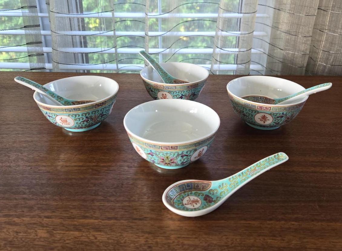 Jingdezhen Mun Shou Turquoise Bowls and Spoons, Set of 4 Vintage  display picture 1