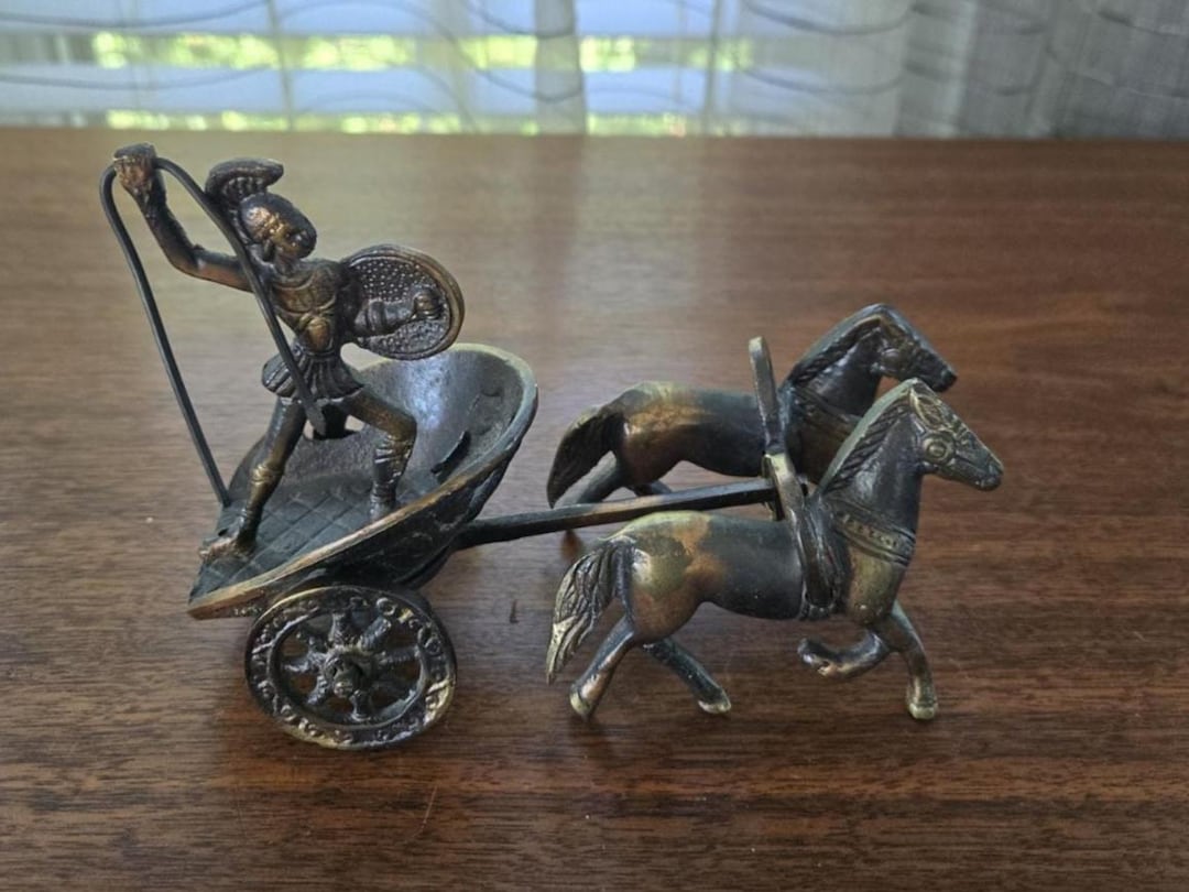 Brass Greco Roman Chariot Gladiator Rider and Horses, Vintage Museum ...