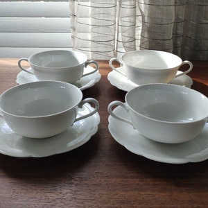 Seltmann Weiden Bouillon Tassen 4er Set, Inka Bavaria Deutsche Vintage White Bone China Creme Suppenschalen und Untertassen