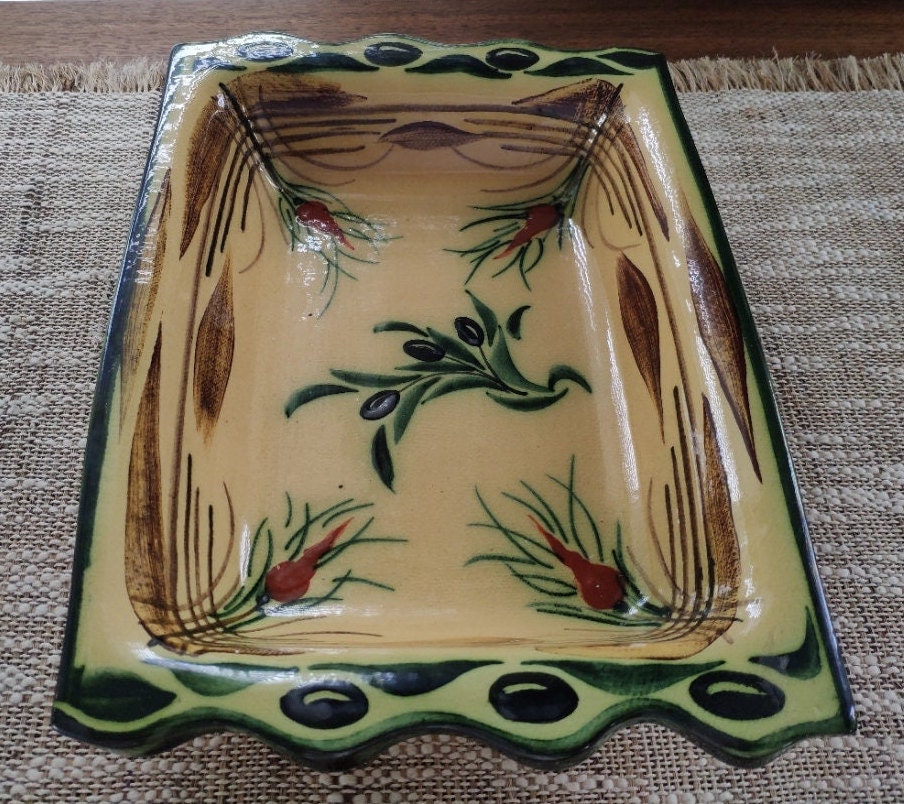 Barocco Valbonne Bowl Art Pottery Made in France Rectangular Vintage Dish Bowl, Hand Painted Olives and Carrots 11" Marked