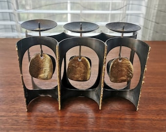 Brutalist Stylized 3 Candles Candleholder, Vintage Bronze and Brass Finish Welded Metal Art Candelabra 6.75&quot;
