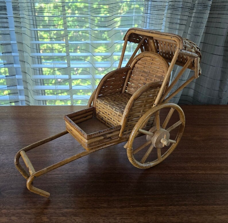 Bamboo Rattan Rickshaw Vintage Plant Pot Planter Stand Display 13.5