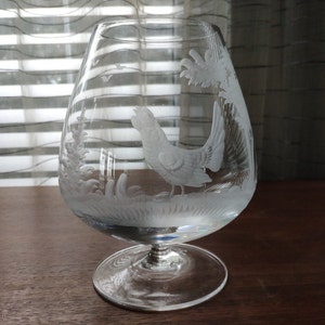 Crystal Large Snifter Etched Pheasant and Landscape Vintage Brandy Snifter, 7"