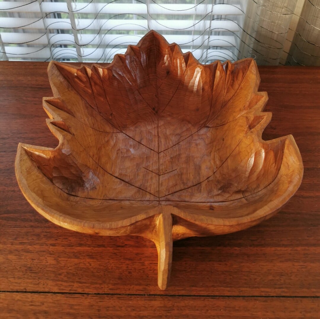 Wooden Maple Leaf Shape Large Bowl, Signed Gerard Fortin, Vintage Large