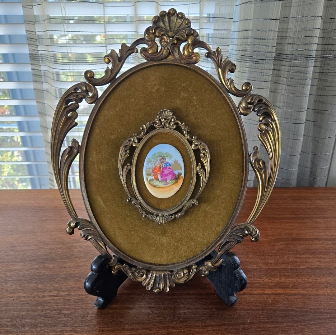 Ornate Bronzed Brass Finish Metal Vintage Large Scrollwork Frame