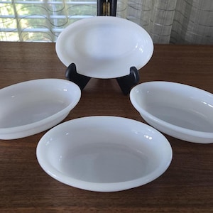 Glasbake Milk Glass Au Gratin Dishes Set of 4, Vintage Oval Casseroles 6.5&quot; signed