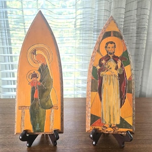 Oil Painted Etched Wood Religious Plaques Set of 2, signed P Pilon, Vintage Ogival Arch Shape Artworks 11.5" and 12"