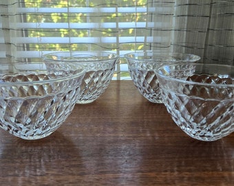 Quilt Pattern Crystal Individual Bowls, Set of 4 Vintage Weighty Crystal Glass Criss Cross Diamond Motif Bowls 5 5/8"