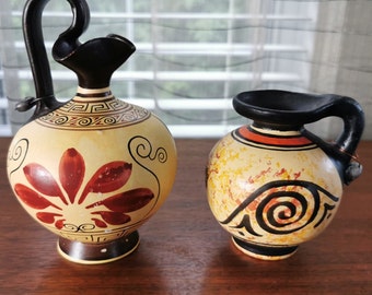 古代ギリシャ風花瓶2個セット、手描き陶器製ヴィンテージ水差し、金属