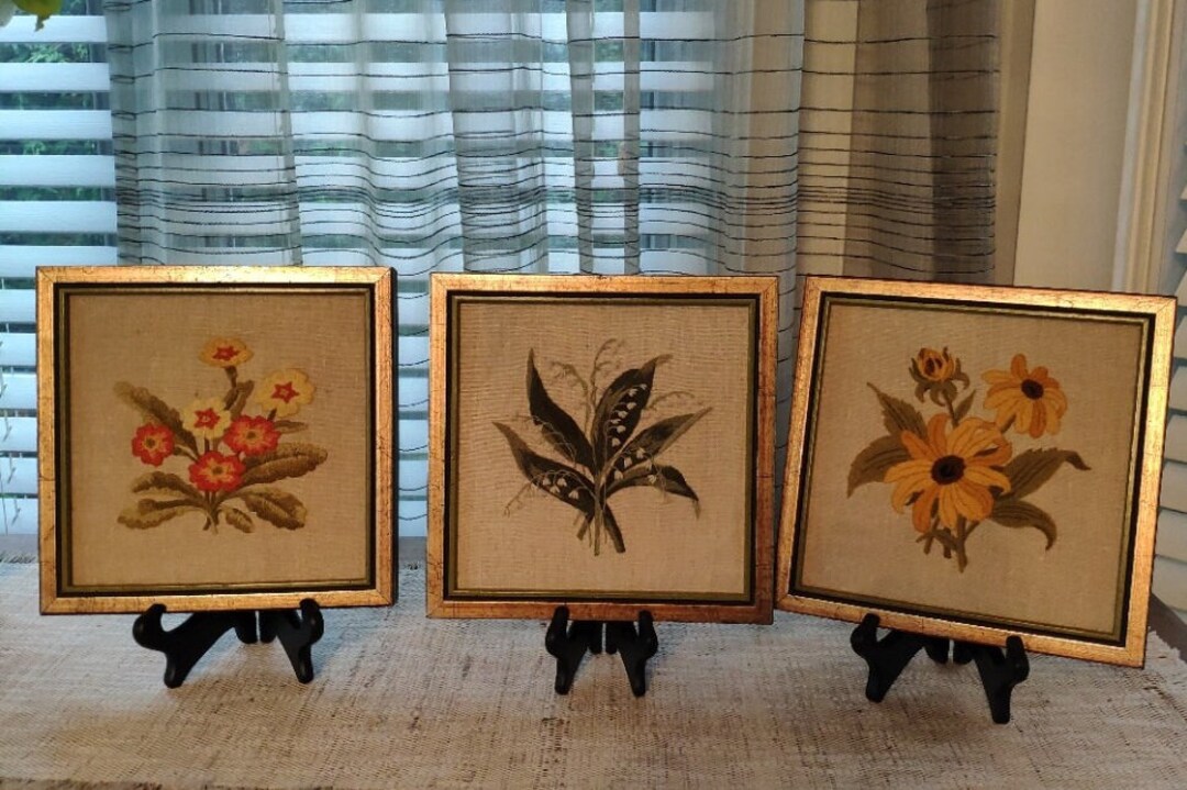 Crewel Needlework Framed Set of 3 Needlepoint Embroidery Flowers