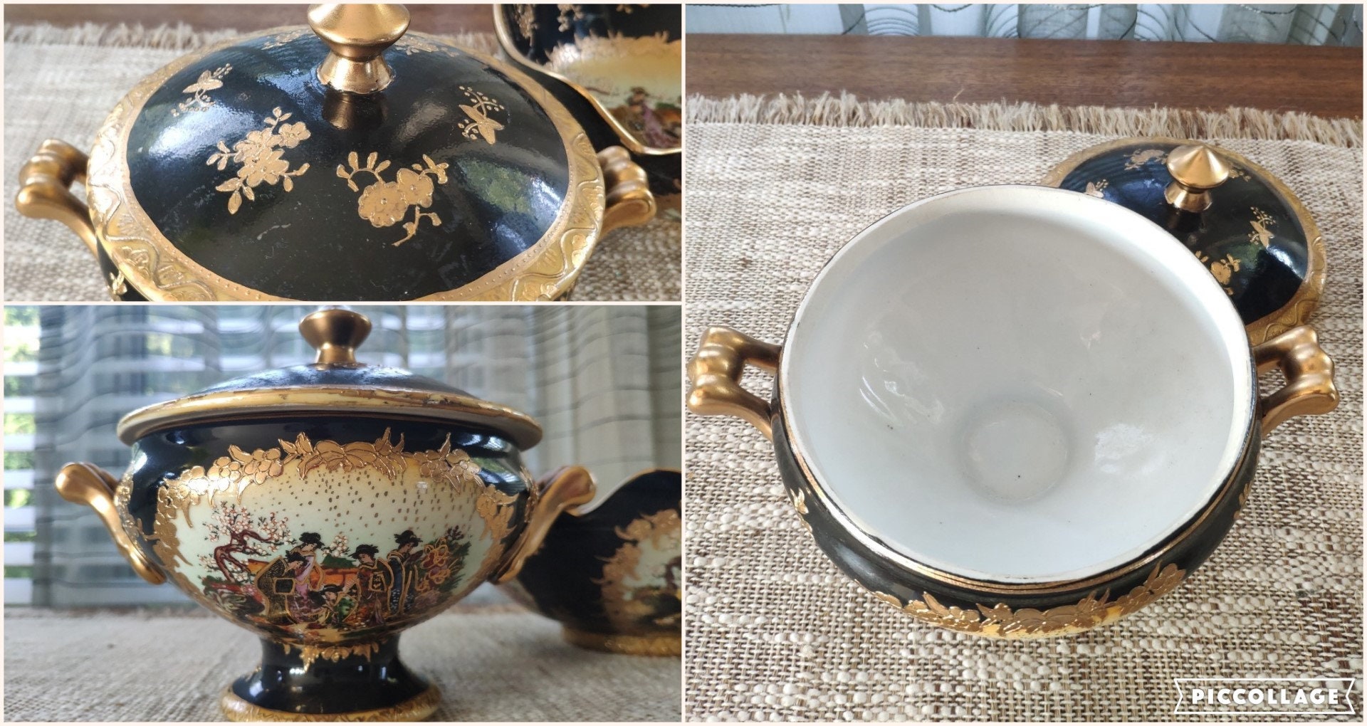 Black Satsuma Bowls Set of 2 Gilded Moriage Geishas Vintage