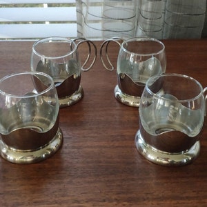 VEV Italian Glass Inox Mugs Set of 4, Vintage Vigano Stainless Steel and Glass Cups, 3.25"