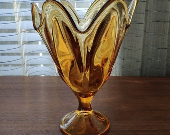 Viking Glass Amber Handkerchief Vase, Vintage 6 points Epic Line Optical Yellow Pedestal Vase 10"