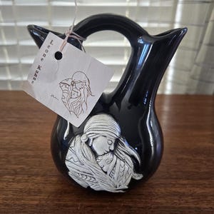Leone Kuhne Wedding Vase, Vintage Relief Embossed Indigenous Mother and Child Black Glaze Vessel by Earthtones 5.5"