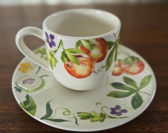 Gien France Passiflore Demitasse de Agathe Charlot, Faiencerie de Gien Vintage Espresso Cup y Saucer 3.5"