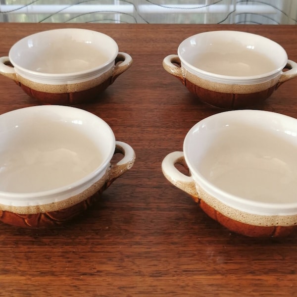 Art Pottery Lug Bowls Set of 4, Vintage French Onion Soup, Chili Bowls with Side Handles 5.25"